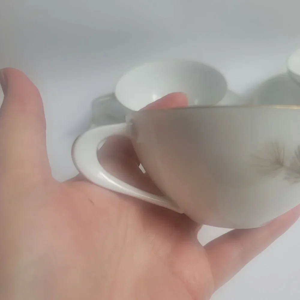 FOUR Sango Larchmont Cup & Saucer Sets White with Brown Pine Branch